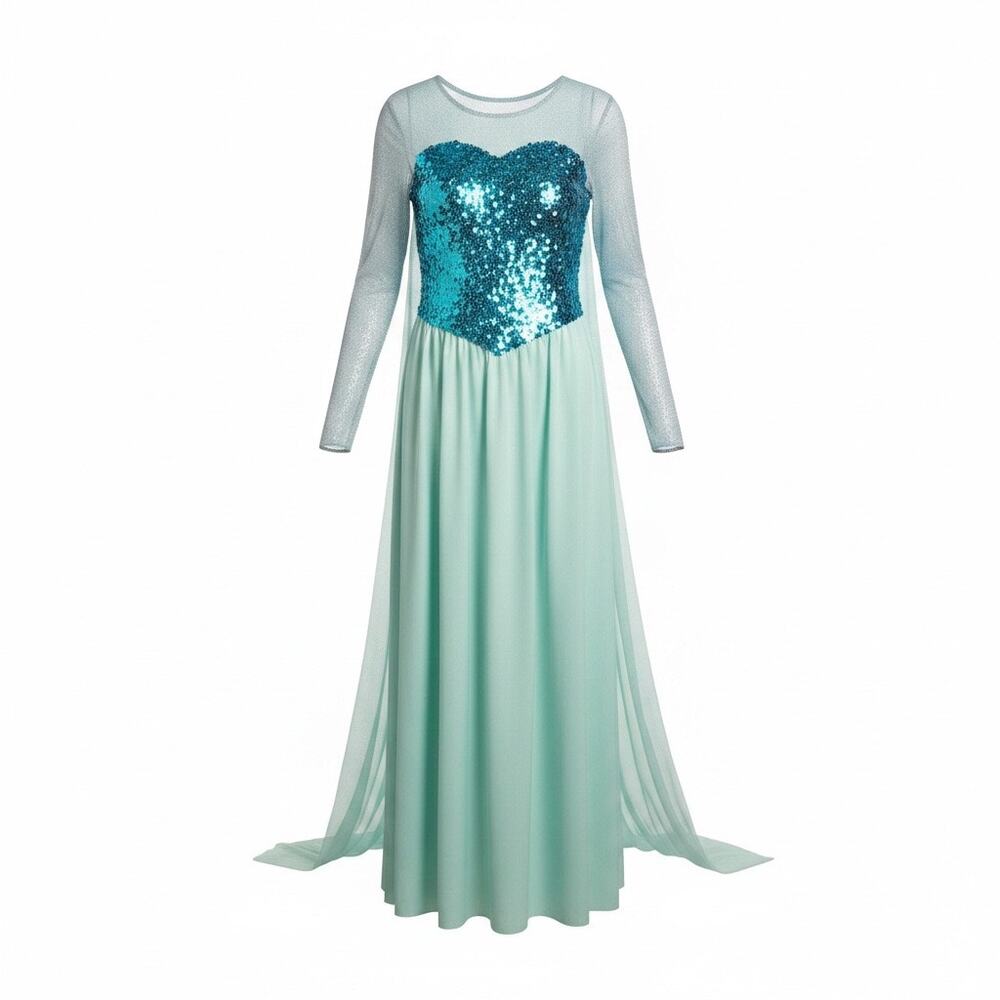 Adult Elsa Snow Queen Gown Women Lg Runs Sm Costume Blue Cosplay Sequin Flowy